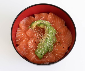 Japanese culinary Still Life. Chirashi with salmon and rice