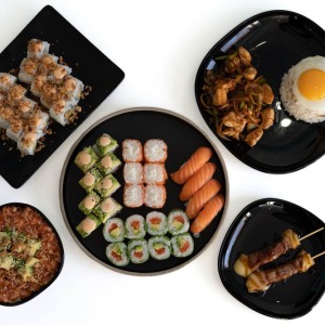 Japanese culinary Still Life. Mix of Japanese dishes top view